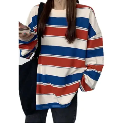 Women Cotton Striped Pullover Sweatshirt Long Sleeve