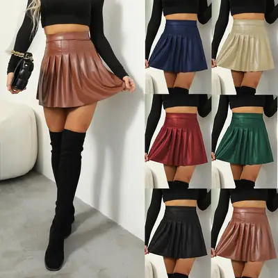 Women's PU Leather Pleated Skirt Black Top Over Knee Boots