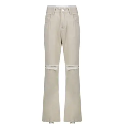 Wide Leg Pants with Hole Knees Pure Color High Waist