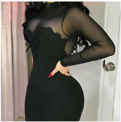 2022 Women's Black Collar Dress Long Sleeve Geometric Evening Dress