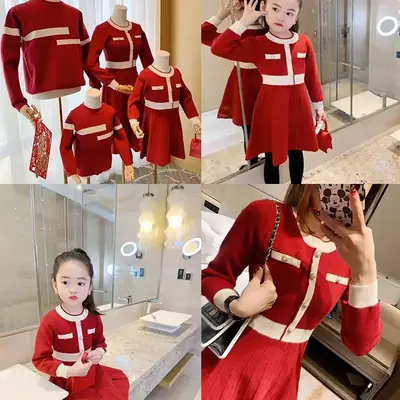 New Year Han Yi Su Red Knitted Suit for Family of Three