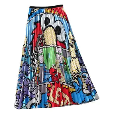 Spring Cartoon Print Elastic Skirt Women Mid Length