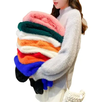 Women Mink Velvet Half-Turtleneck Sweater with Lantern Sleeve