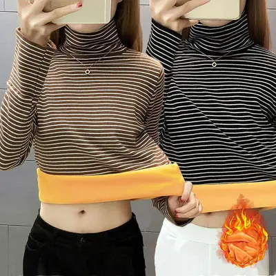 Women Warm Striped Turtleneck Top with Velvet Trim