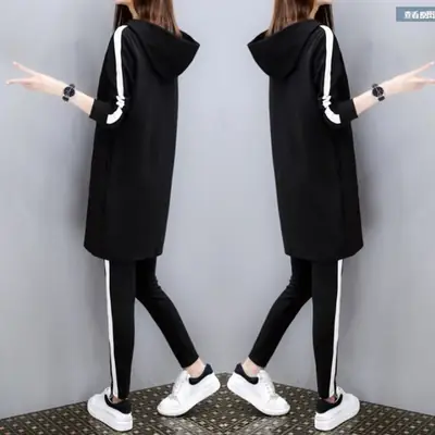 Women's Black Hoodie Track Suit Spring Autumn Loose Slimming Sports Set