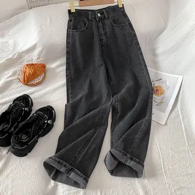 Women Wide Leg Jeans Dark Blue Autumn Winter 2021