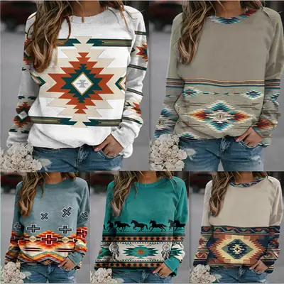 Long Sleeve Western Patterned Sweater for Women