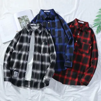 Men Plaid Long Sleeve Shirt Black Blue Red Loose Korean Style