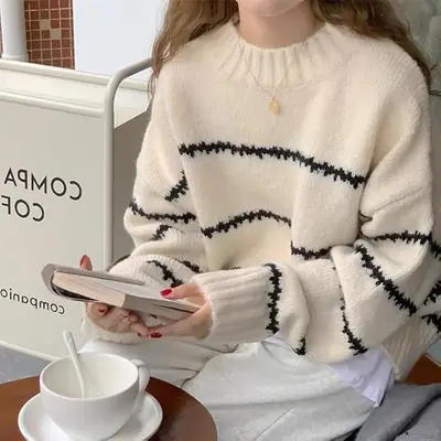 Women Striped Knit Sweater Brown Round Neck Long Sleeve