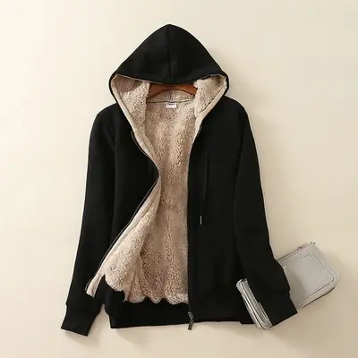 Gray Hooded Fleece Zipper Jacket for Women