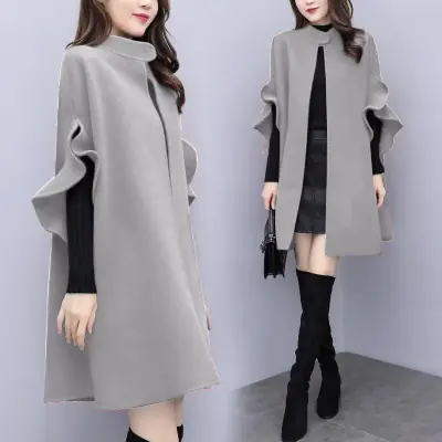 2024 Women Woolen Coat Grey Large Size Mid-Length