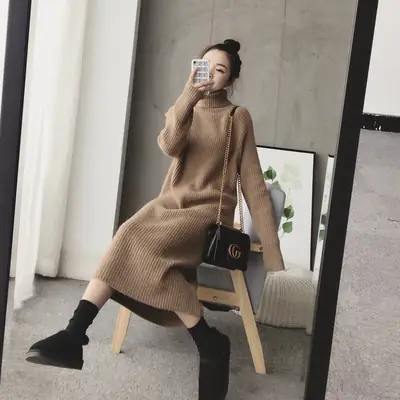 Women Korean Style Loose Black Sweater Turtleneck Dress