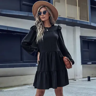 Black Ruffled Loose Pleated Commuter Dress for Women