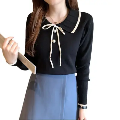 Women's Brown Knitted Collar Pullover Shirt with White Tie