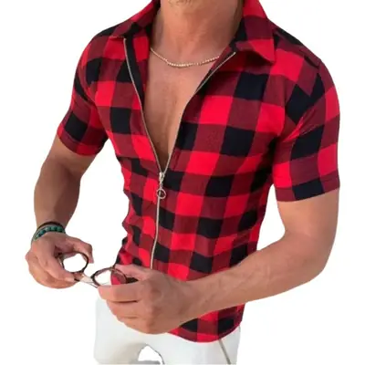 Men's Blue Black Check Plaid Shirt Slim Fit Zip Up Summer