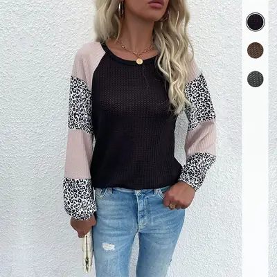 Women Leopard Print Crossbody Top with Patchwork Knit Sleeves