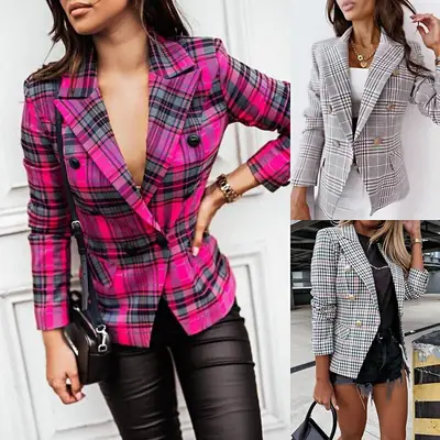 2021 Printed Plaid Small Suit Jacket Gray