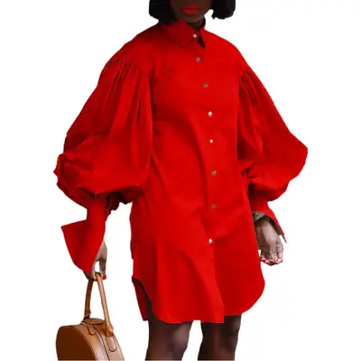Red Loose Puff Sleeve Shirt Dress Large