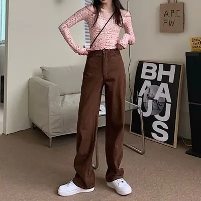 Autumn Brown High Waist Straight Trousers for Women