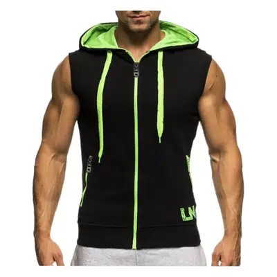 Men Sleeveless Hooded Vest Black Neon Green
