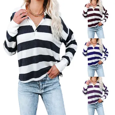 2021 Women Striped Long Sleeve T-Shirt Navy White
