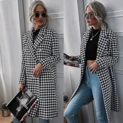 Houndstooth Woolen Coat Long Winter Autumn
