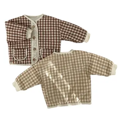 Boys Girls Quilted Cotton Pocket Jacket Plaid Single Breasted