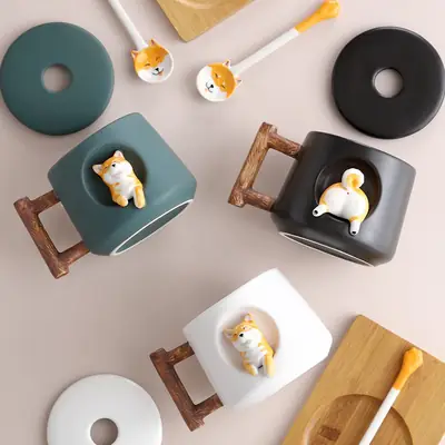 Ceramic Shiba Inu Mug with Lid Spoon 420ml