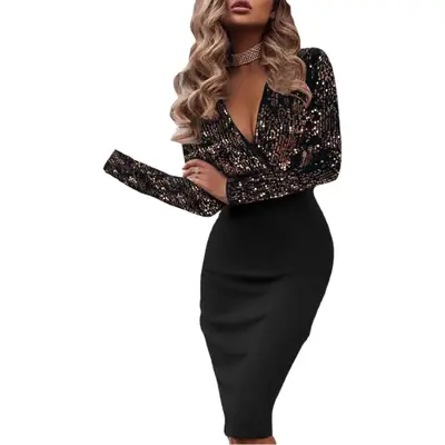 Women Leopard Print Long Sleeve Pleated Bodycon Dress