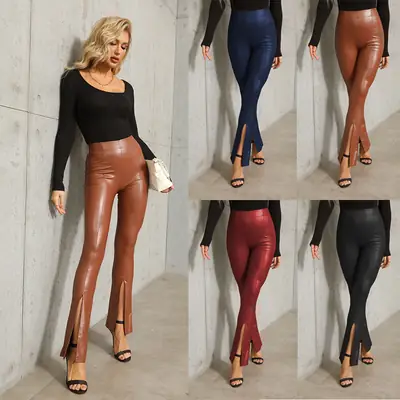 Sexy PU Leather High Waist Split Pants Women Large