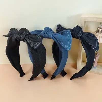 Denim Bow Headband with Vintage Stamp & Wide Bins