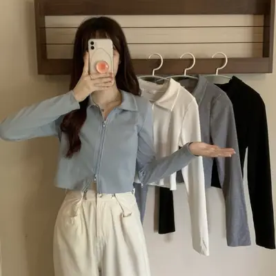 Black Zipper Slim Fit Top for Women
