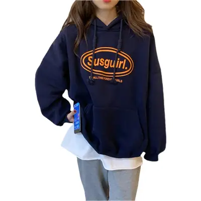 Women Fleece Lined Hoodie Navy Blue New Letter Print