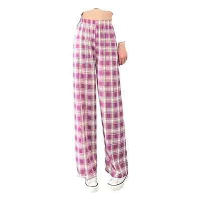 Women Plaid Wide Leg Pants High Waist Casual Wear
