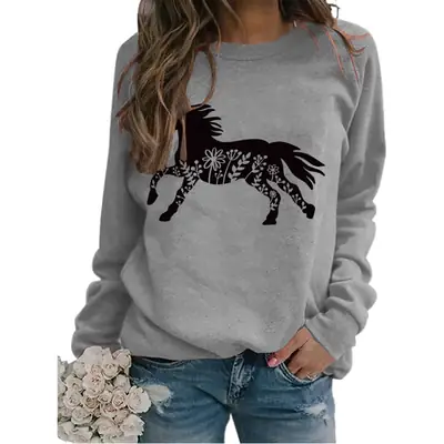 White Long Sleeve Sweatshirt with Horse Print for Women