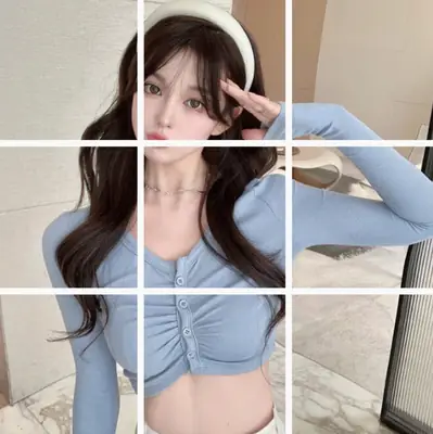 Women's Blue Navel-Exposed Long Sleeve Top
