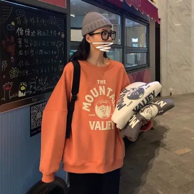 Women Letter Foam Fleece Sweatshirt Orange 2025 Winter
