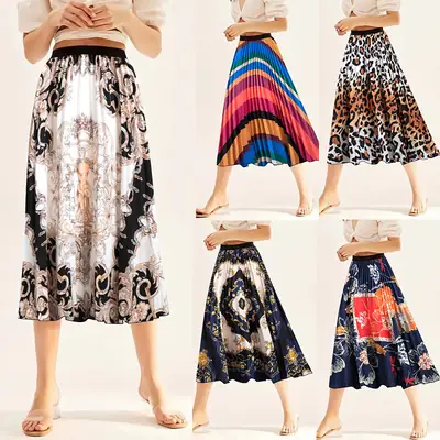 Printed Elastic Pleated Skirt Women's Mid Length