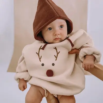 Baby Fleece Lined Warm Jumpsuit with Deer Print