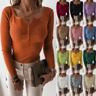 2024 Green Button V-Neck Knitted Long Sleeve Shirt