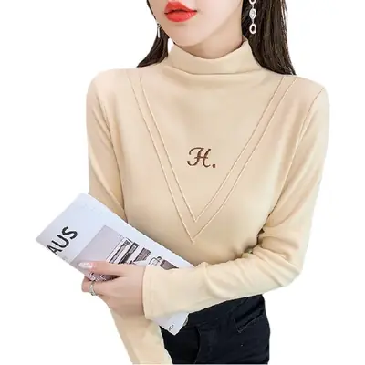 Women's 2021 Fleece Turtleneck Long Sleeve Beige H-Embroidered
