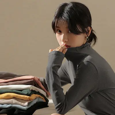 Women Fleece Shirt Brown Half Collar Long Sleeve Autumn Winter