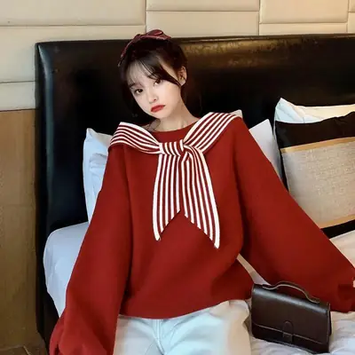 Women's Black Bow Neck Velvet Sweater Autumn Winter 2021