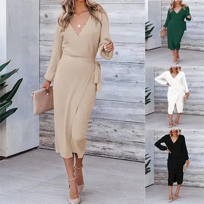 2023 Long V-Neck Knitted Dress for Women Beige