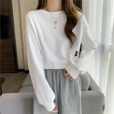 Black Long Sleeve Sweatshirt Top with Elastic Waist