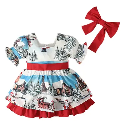 Girls Christmas Puff Sleeve Ruffled Dress