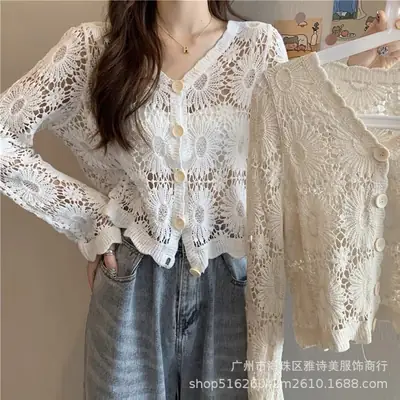 Sweet Age Reducing Crochet V-Neck Sunscreen Coat Women