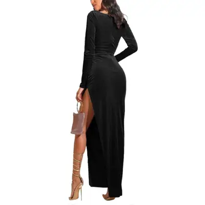 Black Velvet High Waist Split Dress with Square Collar