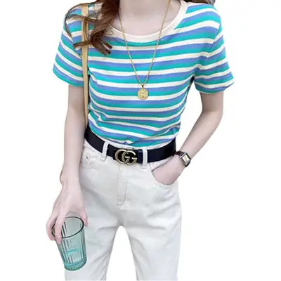 Women Striped T-shirt 2021 Summer Slim Fit White