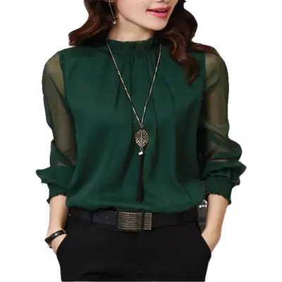 Green Lace Chiffon Ruffled Long Sleeve Top Plus Size